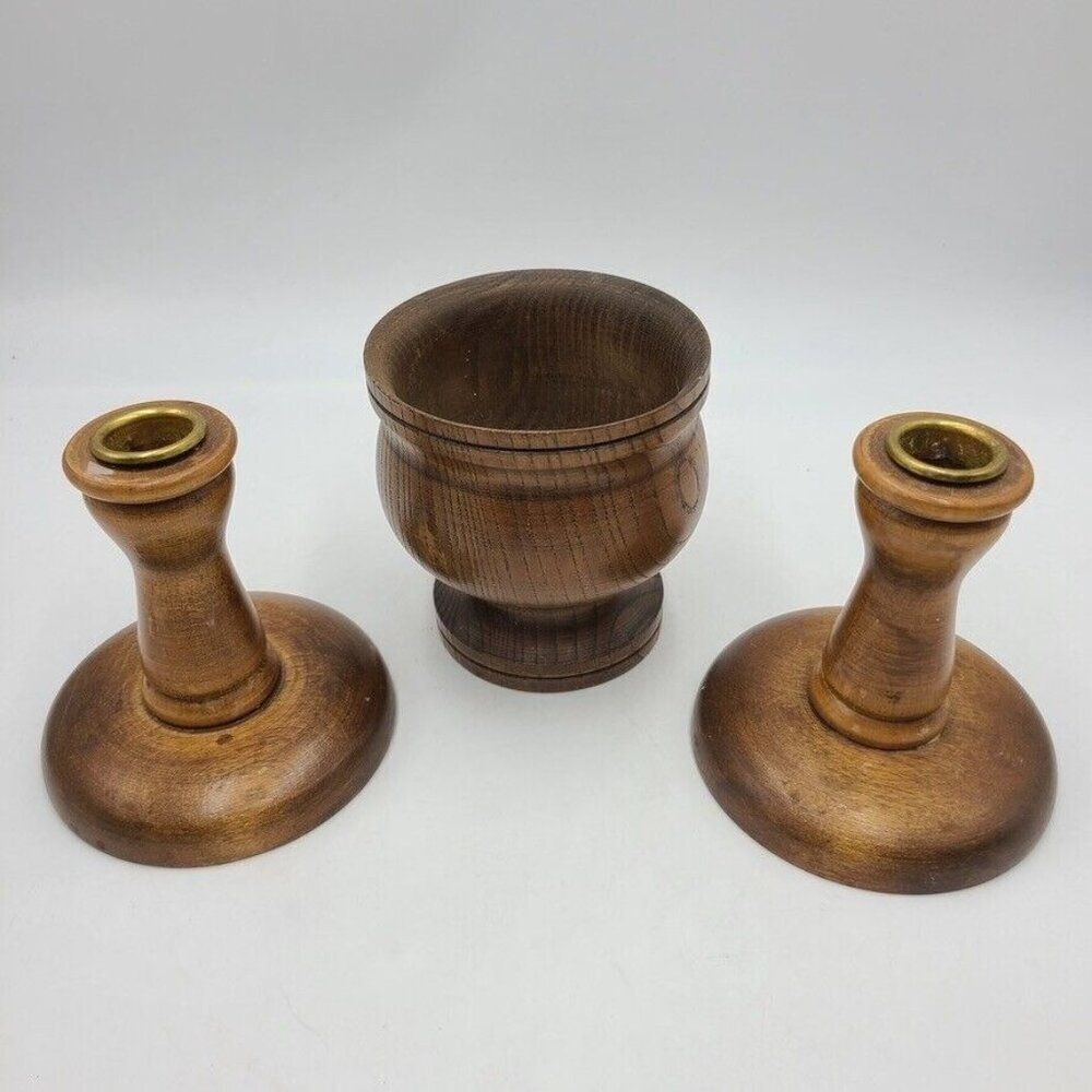 Vintage Teak Wood Brown Candlestick Holders 4" Large Pillar Base 4.25" Lot 3
